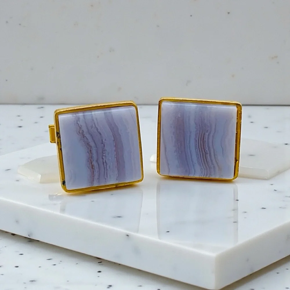 Striking Vintage Genuine Polished Blue Lace and Gold Tone Cufflinks